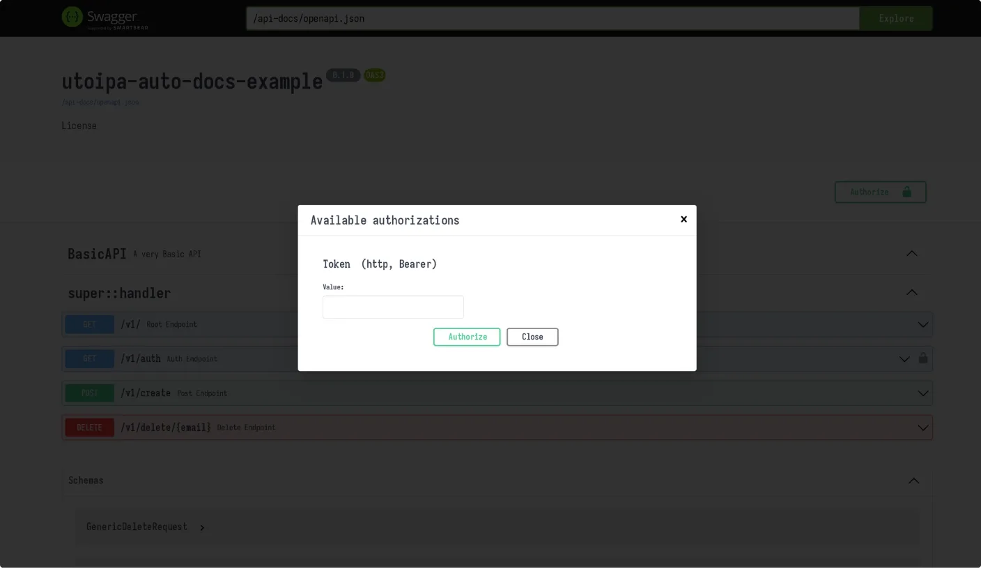 Swagger UI with the Token security scheme